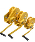 Three sizes of yellow hand crank winch with self locking brake, heavy duty manual winch for home improvement and cargo lifting.