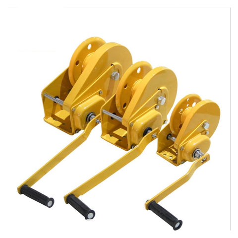 Three sizes of yellow hand crank winch with self locking brake, heavy duty manual winch for home improvement and cargo lifting.