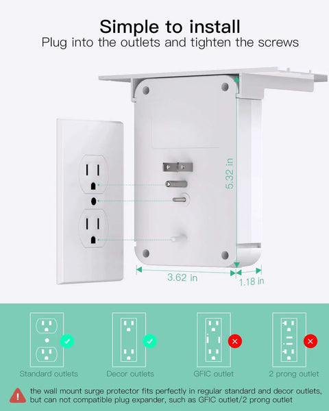 Installation guide for Wall Outlet Extender With Surge Protector Six AC Outlets USB C And USB A Ports Space Saving Shelf.