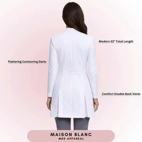 Back view of Womens Slim Fit Premium Lab Coat For Real Shifts With Tailored Princess Seams Contouring Darts Notched V Neck 33 Inch Length Back Vent Three Pockets OEKO-TEX Certified Fabric Size Large