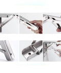 Close-up of 2-Pack Stainless Steel Triangle Folding Brackets Heavy Duty Adjustable Wall Mounted Shelves, folded and in use.