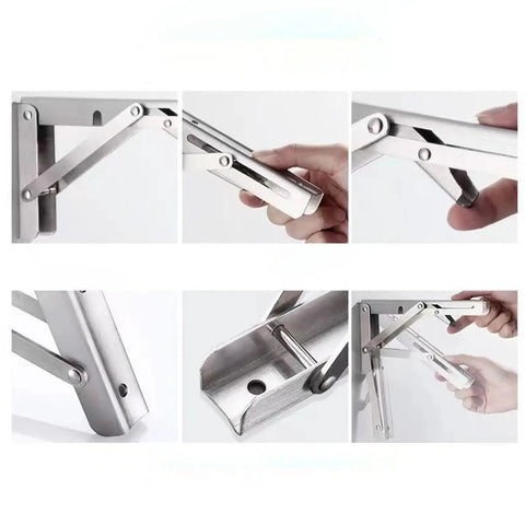 Close-up of 2-Pack Stainless Steel Triangle Folding Brackets Heavy Duty Adjustable Wall Mounted Shelves, folded and in use.