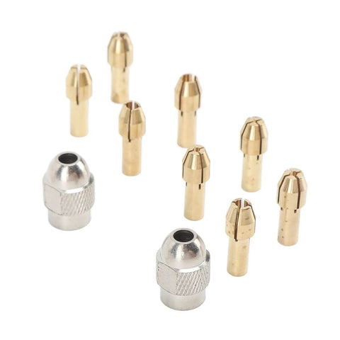 Brass Drill Chuck Collet Set Ten Piece Kit With Eight Collets From 0.8mm To 3.2mm And Two Nut Chucks Keyless Bit Adapter For Dremel