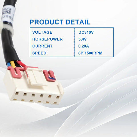 FN60B ZL ZWR50F Air Conditioning Brushless DC Fan Motor connector details with voltage, power, and speed specifications
