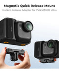 Magnetic Quick Release Mount For Insta360 Go Ultra with 1/4 Inch Screw Hole and Foldable Connector shown in hand and on camera.