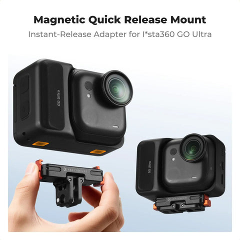 Magnetic Quick Release Mount For Insta360 Go Ultra with 1/4 Inch Screw Hole and Foldable Connector shown in hand and on camera.