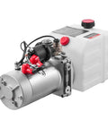 Heavy Duty Single Acting Hydraulic Power Unit Pump With 4 Qt Oil Reservoir And DC 12 Volt Motor showcasing silver motor and white reservoir.