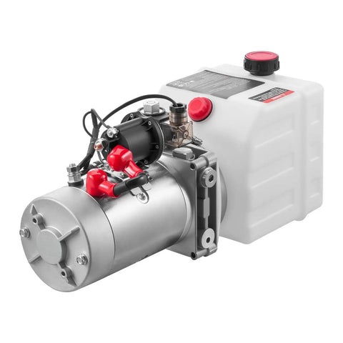 Heavy Duty Single Acting Hydraulic Power Unit Pump With 4 Qt Oil Reservoir And DC 12 Volt Motor showcasing silver motor and white reservoir.