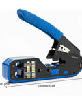 Front view of RJ45 RJ12 RJ11 Modular Crimp Tool for Cat5 Cat5e Cat6 connectors with blue handle, showing strip and cut sections, 5 connectors included.