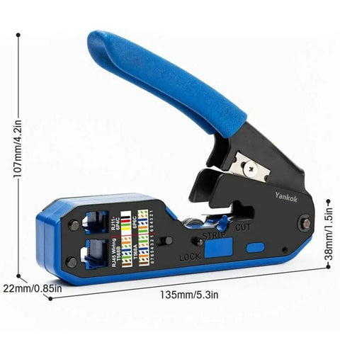Front view of RJ45 RJ12 RJ11 Modular Crimp Tool for Cat5 Cat5e Cat6 connectors with blue handle, showing strip and cut sections, 5 connectors included.
