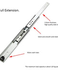 Built Tough Full Extension Side Mount Drawer Slides With Precision Ball Bearings, detailed view of steel slide showing thickness and ball bearings.