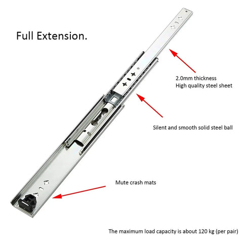 Built Tough Full Extension Side Mount Drawer Slides With Precision Ball Bearings, detailed view of steel slide showing thickness and ball bearings.