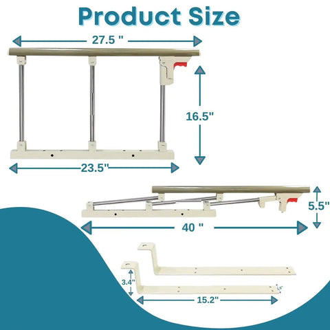 Foldable Stainless Steel Bed Rail Guard for Elderly and Disabled dimensions illustration, 70x40 cm, white and silver finish