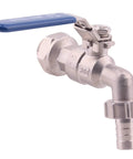 Stainless steel 1/2-inch ball valve with blue lever handle and hose barb outlet