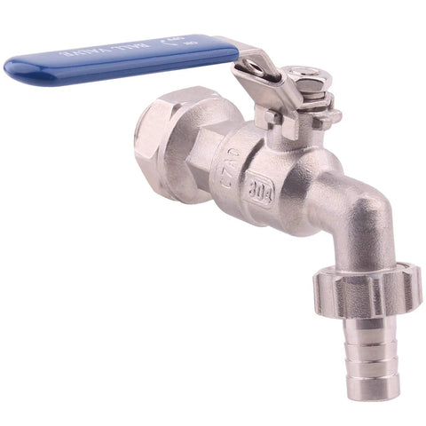 Stainless steel 1/2-inch ball valve with blue lever handle and hose barb outlet