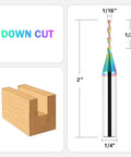 One Sixteenth Inch Downcut CNC Router Bit With Quarter Inch Shank, Extra Long Life TAC Coating, ideal for woodworking.