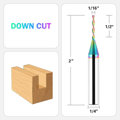 One Sixteenth Inch Downcut CNC Router Bit With Quarter Inch Shank, Extra Long Life TAC Coating, ideal for woodworking.