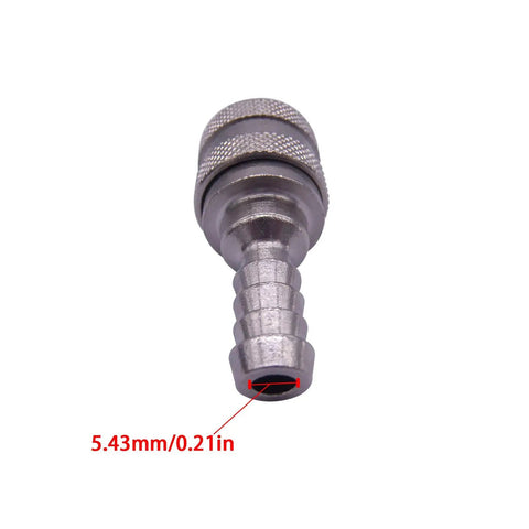 Close-up view of a Female Fuel Line Connector Tank End for Outboard Motors 4-140HP Fits 5/16 Inch Hose 8mm to 13mm Connector.