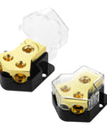 Two Way Power Distribution Block for Car Audio Dual 12V Distribution Block With Input 0 2 4 Gauge And Output 4 8 10 Gauge Grounded Amplifier Distributor With Transparent Cover 2 Pack, gold block with clear cover