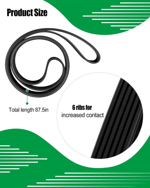 Heavy Duty 87 Inch Serpentine Drive Belt With 6 Rib Design showing 87.5 inch length and ribbed construction for better grip.