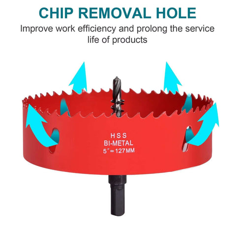 4-inch bi-metal HSS hole saw with pilot drill bit, red body for wood, plastic, drywall and metal front view