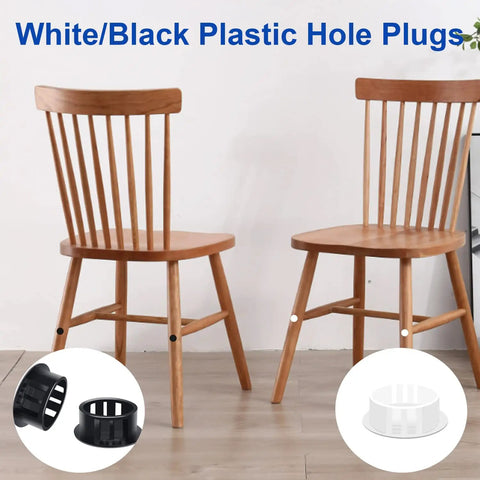 Wooden chairs with 254-Piece Nylon Hole Plug Kit In 6 Sizes For One Fifth Inch To One Inch Holes, showcasing plug installation.