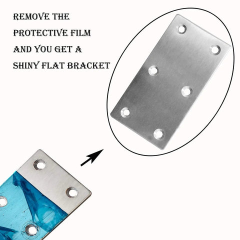 Heavy Hitter Stainless Steel Repair Brackets Rock Solid Mending Plates For Woodworking Fixes Six Hole Joining Hardware Built Tough To Get The Job Done Right Rust Proof Pack Of 20 shiny stainless steel bracket with six holes and protective film