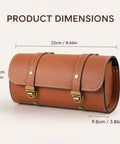 Brown leather cylindrical bag with gold buckles, dimensions 22cm x 10.5cm x 9.8cm with product dimensions text displayed.
