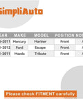 Fitment guide for Two Pack 510072 Front Wheel Bearing Assembly for Ford Escape, Mazda Tribute, Mercury Mariner models.
