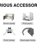 Various accessories for Heavy Duty 2 Ton And 3 Ton Electric Forklift Stacker, including rotator, drum clamp, and more.