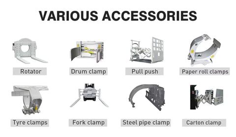 Various accessories for Heavy Duty 2 Ton And 3 Ton Electric Forklift Stacker, including rotator, drum clamp, and more.