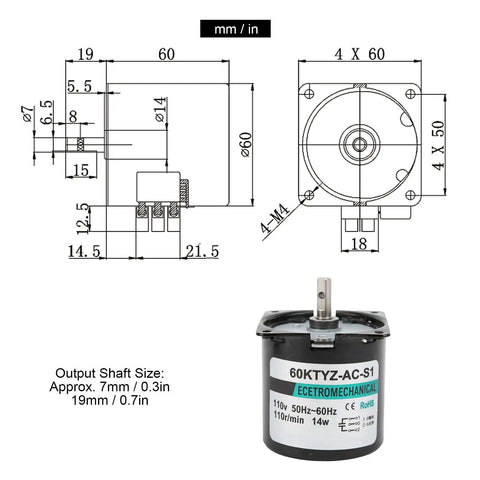 Heavy Duty 14 Watt Ac Synchronous Motor With High Torsion Metal Gears And Pure Copper Coil For Smooth Central Shaft Bracket Automated Industry Use at 110rpms dimensions, details and output shaft size.
