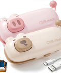 Two In One Mini Rechargeable Bag Sealer With Magnet Compact Heat Sealer For Chips And Snacks Portable Kitchen Sealing Machine For Home And On The Go, pink and beige pig-shaped sealers with USB cable.