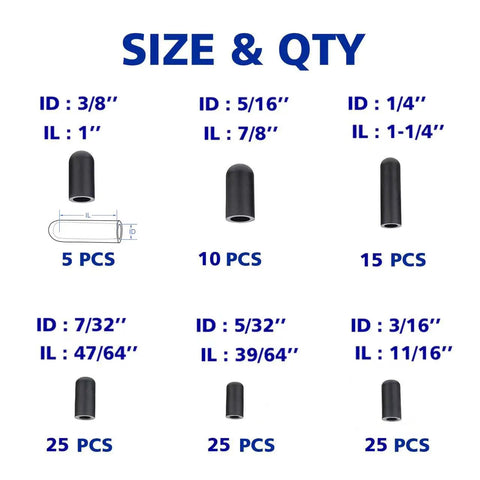 105 Piece Vacuum Cap Assortment Kit For Cars And Machinery With Dropper Caps In 3/8 5/16 1/4 7/32 5/32 3/16 Inches shown with sizes