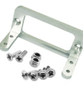 Front view of silver aluminum RC servo mount bracket with M3 screws and nuts