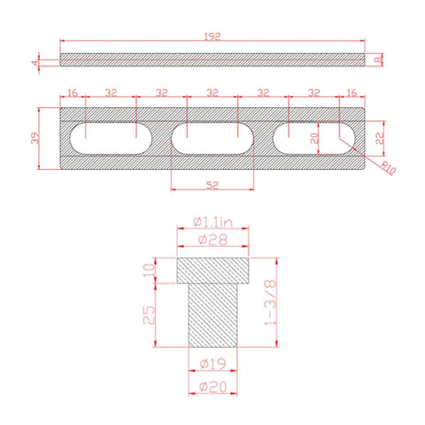 Technical drawing of 12Pcs Woodworking Planing Stop Set With 19mm Aluminum Alloy Pew Dogs Clamps showing dimensions.