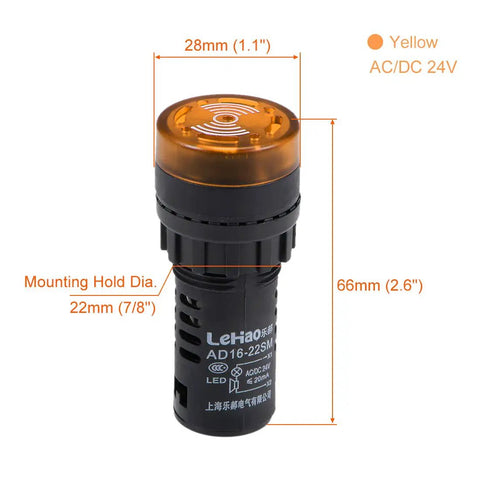 Five Pack Yellow Indicator Light With Buzzer AC And DC 24V, 22mm Panel Mount Flashing Alarm showing measurements and details.