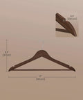 Heavy Duty Birch Wood Hangers Set Of 30 With 360 Degree Swivel Hooks Walnut Brown Finish showing dimensions and thickness.
