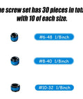 30 Piece Plug Set Screw Kit With Hex Wrench For Handgun Optics Cutouts One Eighth Inch Length Includes 6-48 8-40 10-32 Screws 10 Pieces Each For Secure Receiver Fit And No Sweat Install. #6-48, #8-40, #10-32 1/8 inch plug screws