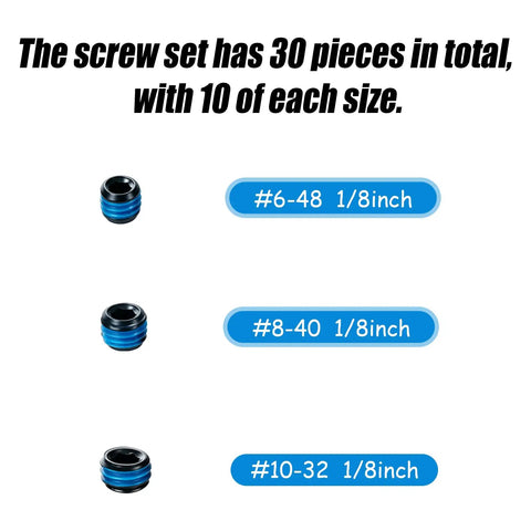 30 Piece Plug Set Screw Kit With Hex Wrench For Handgun Optics Cutouts One Eighth Inch Length Includes 6-48 8-40 10-32 Screws 10 Pieces Each For Secure Receiver Fit And No Sweat Install. #6-48, #8-40, #10-32 1/8 inch plug screws