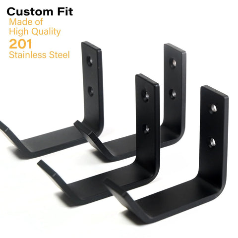 Four black stainless steel jack-stand wall-mount hooks for garage organization.