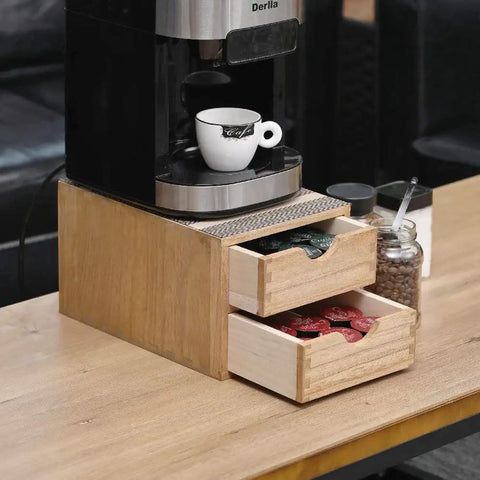 Double Tier Wooden Coffee Maker Stand With Pull Out Storage Drawer For K Cups And Capsules Countertop Brew Organizer Rack showing two drawers with K-Cups.