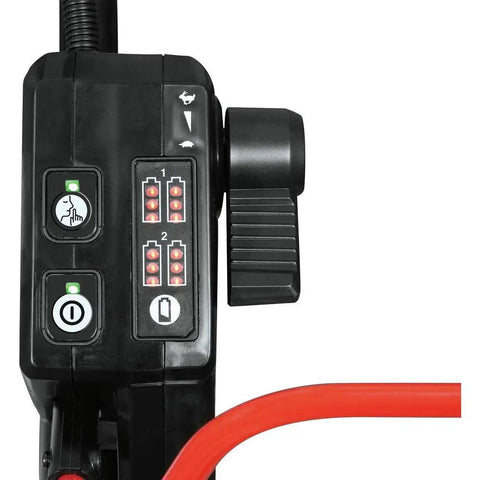Control panel of Badass 36V Brushless Cordless Self Propelled Commercial Lawn Mower with battery indicators and speed adjustment.