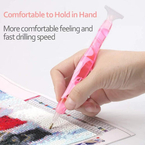 Hand holding pink Handmade Resin Diamond Painting Pen Kit With Glue Clay And Multiple Tips, Faster And More Comfortable, 5D Diamond Painting Tools For DIYers, Pink Essentials, working on 5D diamond art