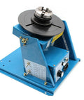 3 Jaw Rotary Welding Positioner Turntable With 2.5 Inch Mini Lathe Chuck, blue metal base, compact design for pipe flanges and fittings.