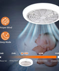 Bladeless 18 Inch Ceiling Fan With Lights Remote Control Flush Mount 3 Color Modes 3 Speeds Indoor Outdoor Use Quiet And Easy Install Perfect For Bedroom Or Living Room White mounted over sleeping baby demonstrating whisper-quiet operation.