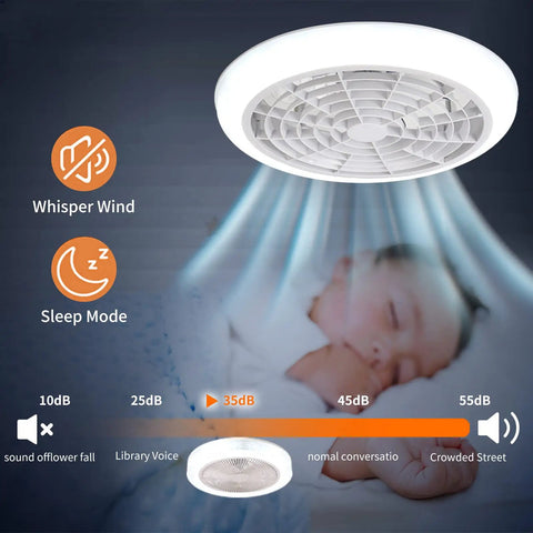 Bladeless 18 Inch Ceiling Fan With Lights Remote Control Flush Mount 3 Color Modes 3 Speeds Indoor Outdoor Use Quiet And Easy Install Perfect For Bedroom Or Living Room White mounted over sleeping baby demonstrating whisper-quiet operation.