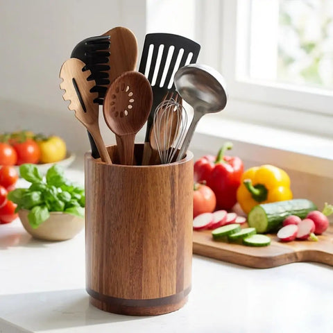 Acacia Wood 360 Degree Rotating Utensil Holder for Countertop with kitchen tools, Big 7.2 Inch Kitchen Tool Crock for Spatulas and Gadgets