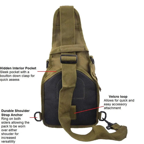 Back strap view of Dope Lightweight Outdoor Tactical Backpack For Everyday Carry Tan With Tons Of Pockets and Quick Access Compartments