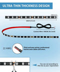 Diagram of 12V White LED Light Strip Kit showing ultra-thin design, 24-inch extendable to 48-inch, with cutting instructions.